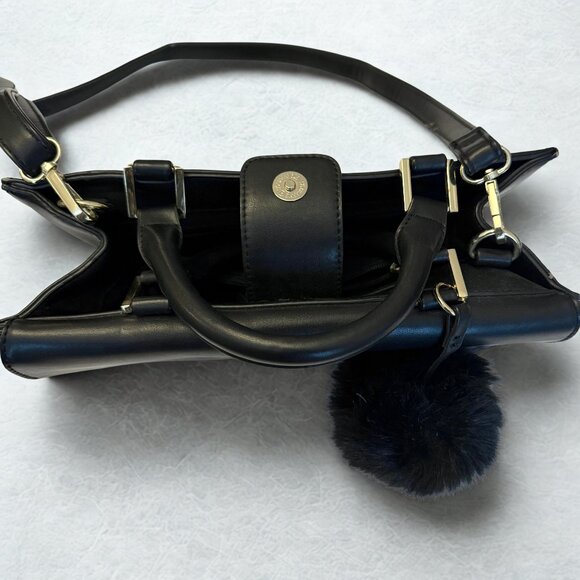Black & Gray Structured Handbag with Gold Accents and Furry Charm - Picture 2 of 2
